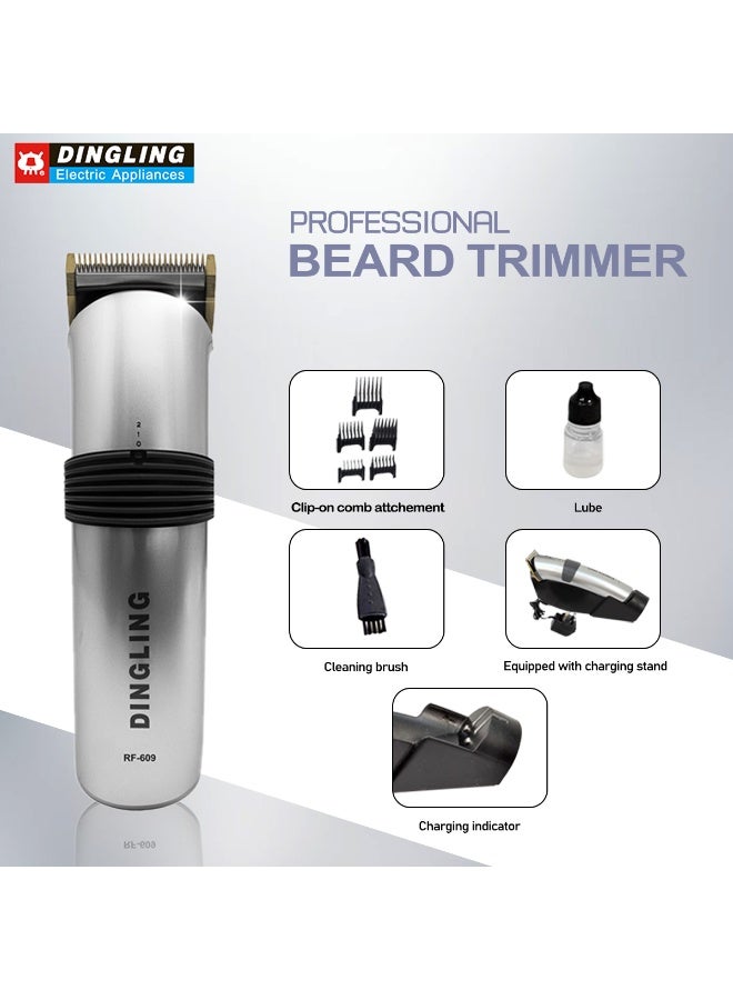 DINGLING RF-609 Professional Hair Clipper Beard Trimmer Rechargeable Cordless Grooming Machine with Adjustable Blade 0.5-2.5mm Clip On Comb Charging Stand Indicator Cleaning Brush Lubricating Oil Home Salon Use Men Electric Shaver Precision Cut - Image 2